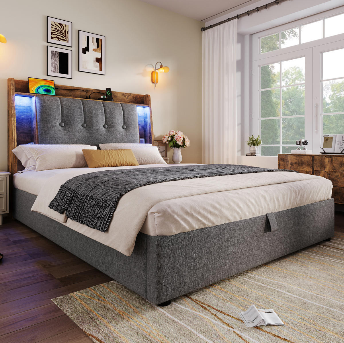 POLSTERBETT 90/200 cm mit LED-Beleuchtung, Bettkasten und USB-/Typ-C-Anschluss - Grau, Textil (90/200cm) - BEAOK