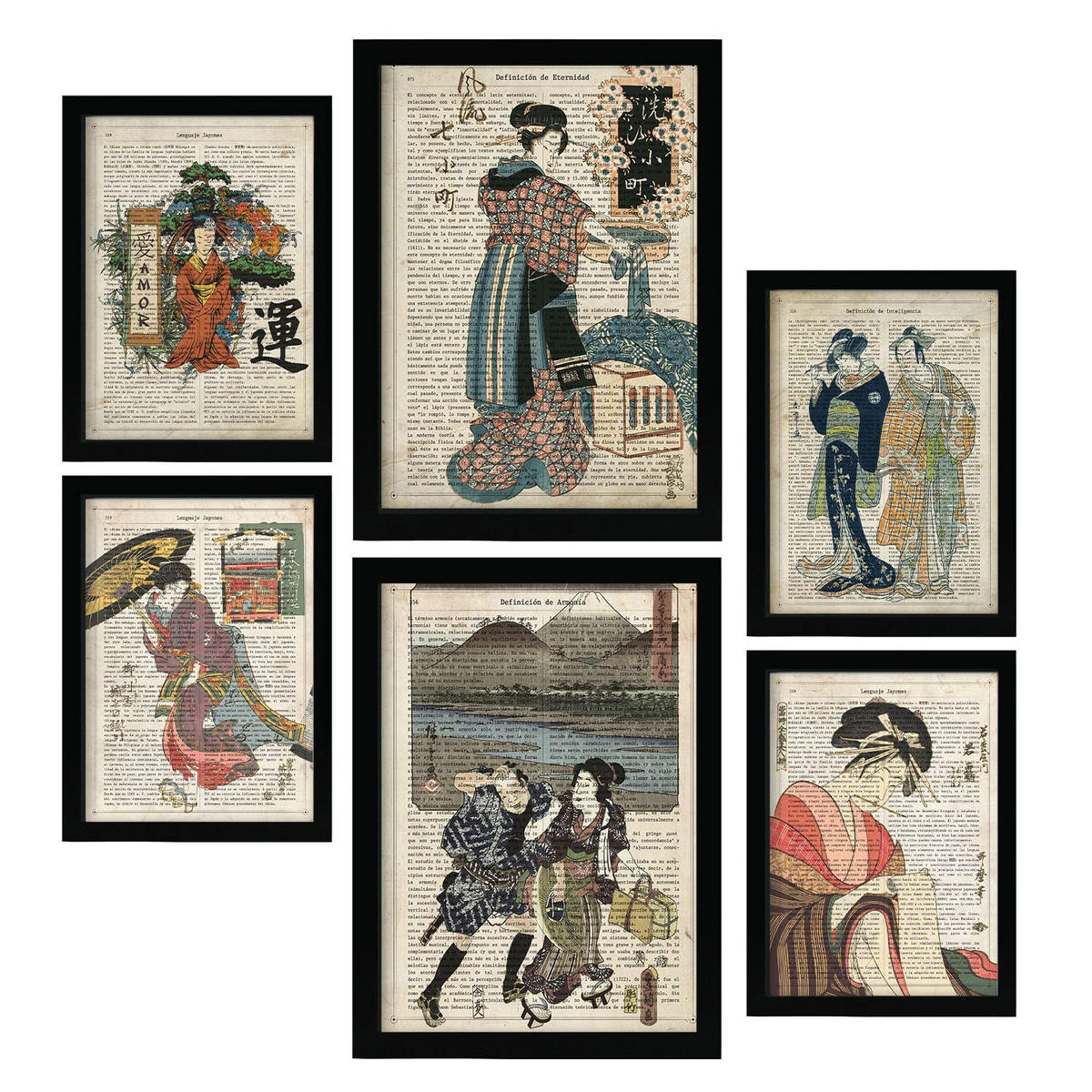 POSTER Set Mit 6 Japanische Ästhetik Größe A3 & A4 Schwarzer Rahmen - Schwarz, Papier (29.7/1cm) - Nacnic