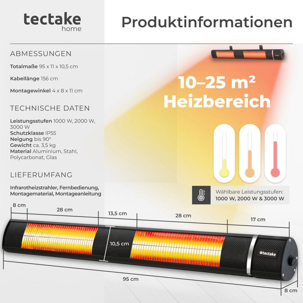 INFRAROTHEIZSTRAHLER Solaris Horizon,einfache Montage, 95 x 11 x 10,5 cm,schwarz - Schwarz, Metall (10.5/8/95cm) - tectake