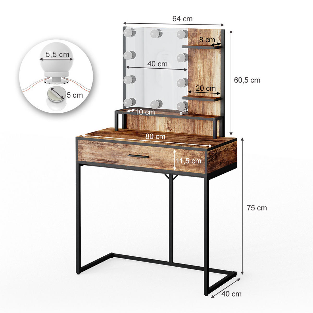 SCHMINKTISCH Fyrk Antikholz 80 cm mit LED-Lampen - Alteiche/Schwarz, Holzwerkstoff (80/135.5/40cm) - Vicco