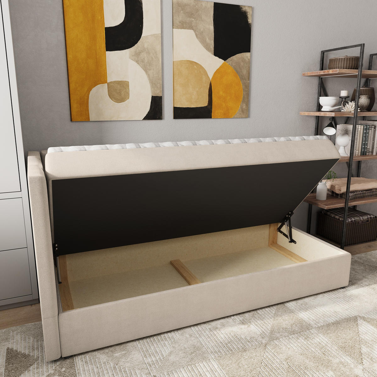 BOXBETT BEVE 80x200 cm mit Matratze und Topper, H2+H3 - Beige - Beige, Holz (80/200cm) - MASSENO