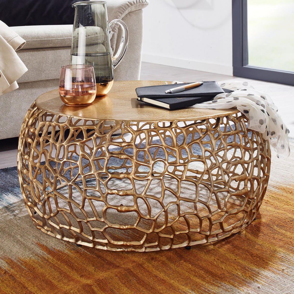 COUCHTISCH mit Aststruktur, lackiertes Aluminium, handgefertigt, Ablagefläche, Gold 66x66x30 cm - Goldfarben, Metall (66/66/30cm) - KADIMA DESIGN