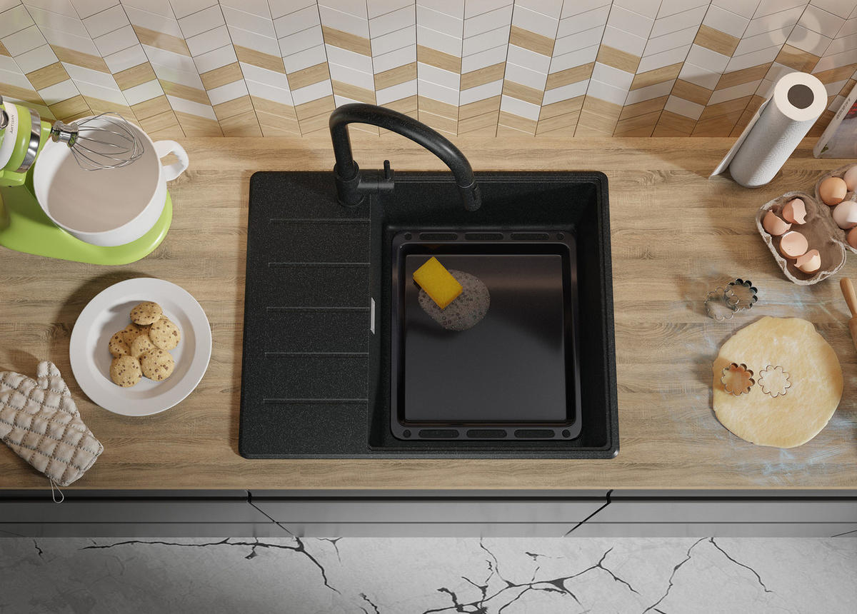 SPÜLBECKEN Kopenhagen, 2-er set Anthrazit 62/50 cm 1 Becken + Ablauf-Set + Schneidebrett ab 50er Unterschrank - Chromfarben/Anthrazit, Kunststoff (62/20/50cm) - Primagran