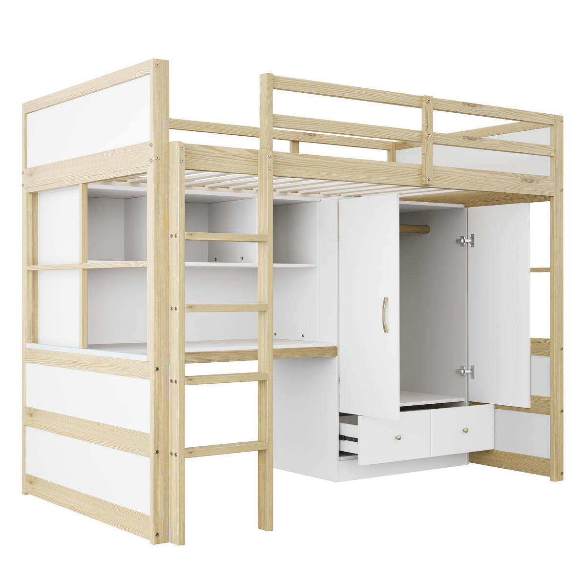 HOCHBETT 90/200 cm aus Holz mit Schreibtisch, Kleiderschrank und Schubladen Naturfarben - Naturfarben, Holz (90/200cm) - Modenvie