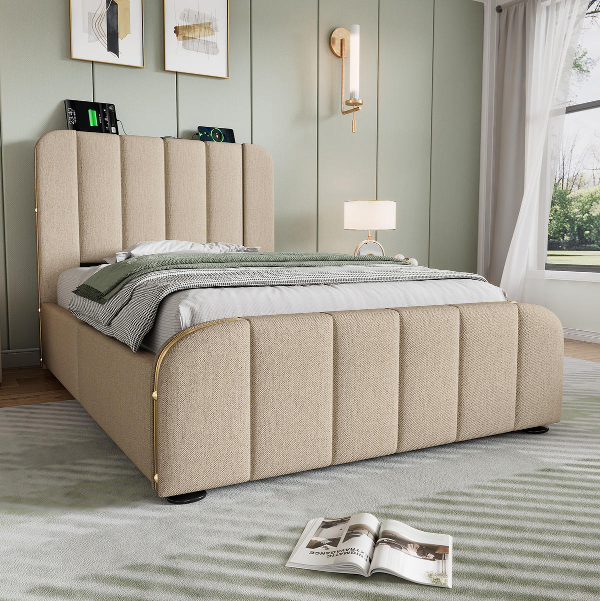 POLSTERBETT mit 4 Schubladen und USB/Typ-C 90x200 cm Beige Leinen - Beige, Metall (90/200cm) - Meubliv