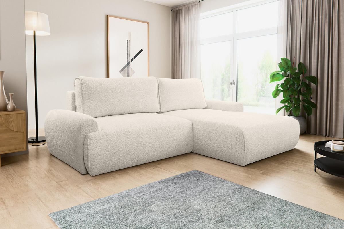 ECKSOFA Moon in L-Form mit Schlaffunktion und Bettkasten, Farbe: Beige, Bouclé-Stoff, Ottomane Rechts - Beige, Textil (260/136cm) - VENASI MÖBEL