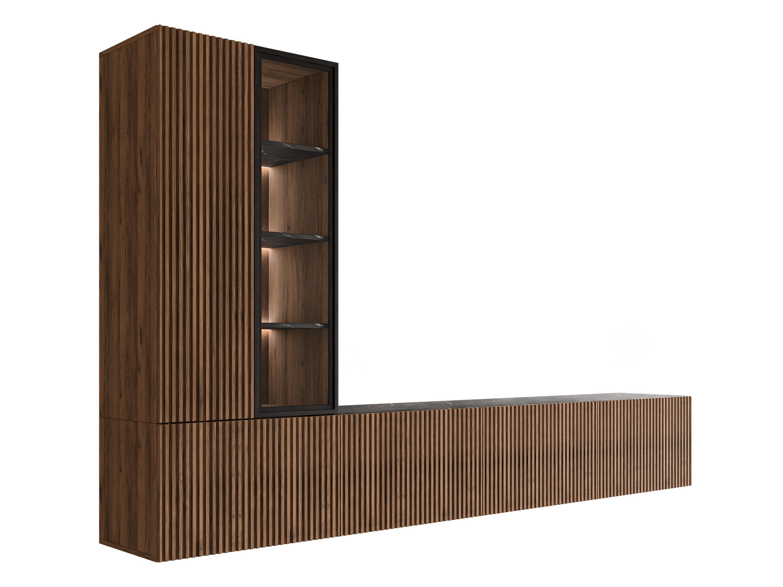 WOHNWAND Tiwori - Nussbaumfarben/Schwarz, Holzwerkstoff/Kunststoff (260/157/41cm) - MIRJAN24