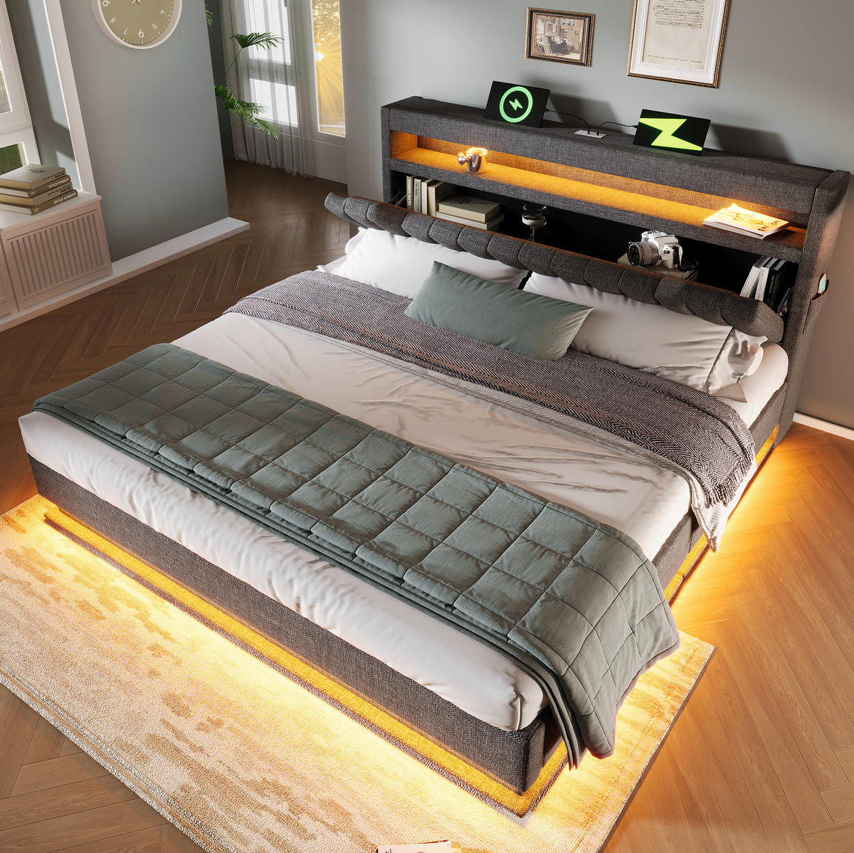 POLSTERBETT 160/200 cm Grau mit Stauraum und LED-Beleuchtung aus Leinen - Grau, Textil (160/200cm) - OKWISH