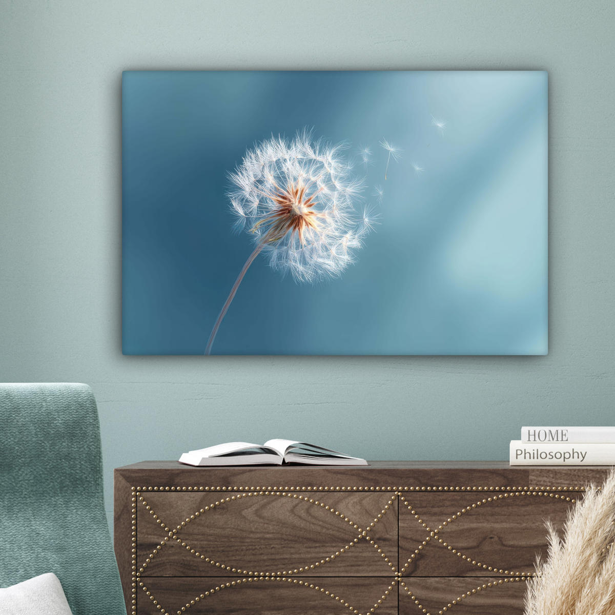 LEINWANDBILD Löwenzahn - Wind - Blau Gemälde 60x40 cm - Blaugrau, Textil (60/40cm) - MuchoWow