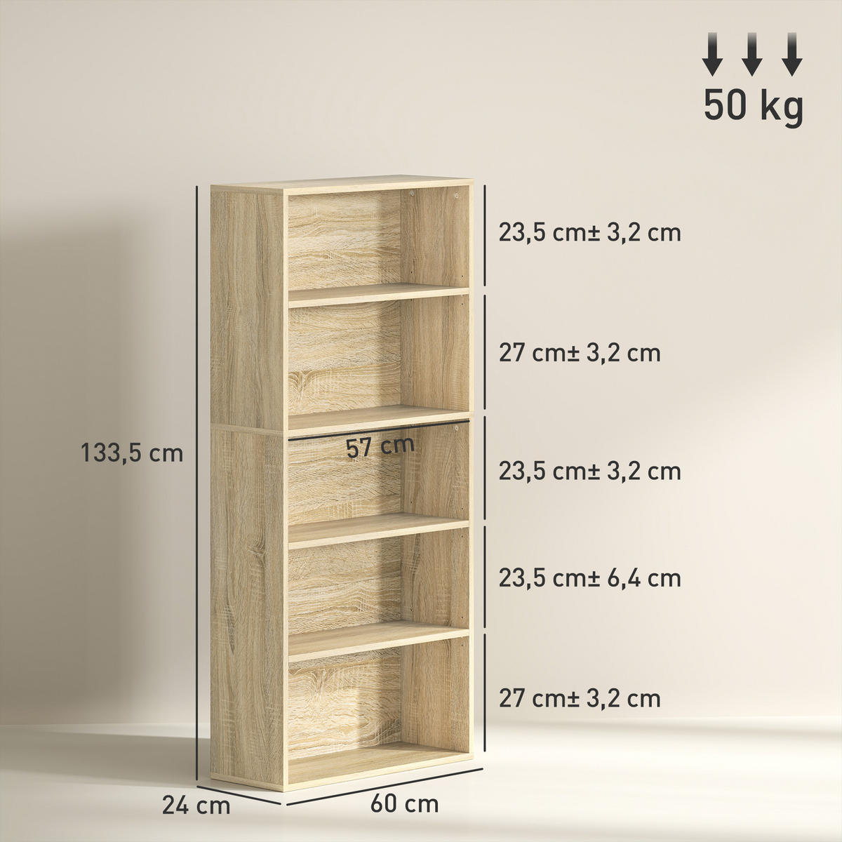REGAL DE-15524 5 verstellbare Böden, 60/24/133 cm Natur - Naturfarben, Holzwerkstoff (60/133.5/24cm) - ComfortXL