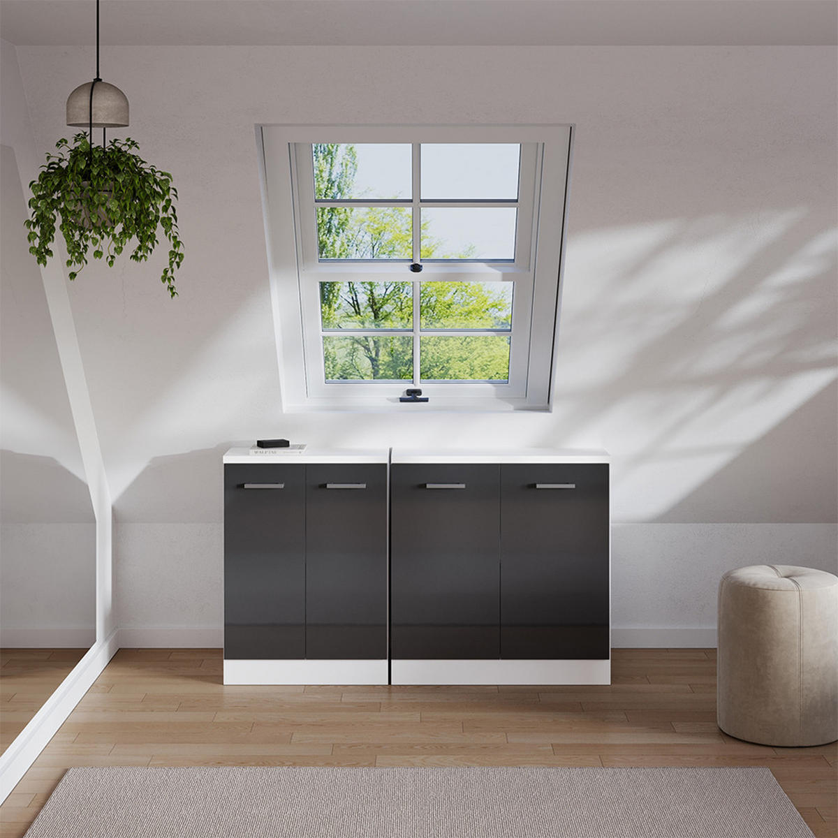 KOMPLET OMAR S POŠEVNO STREHO Rion Antracit z visokim sijajem 140 cm Komplet 2 korpusov omare globina 60 cm - črna/bela, leseni material (140/83.8/60cm) - Vicco