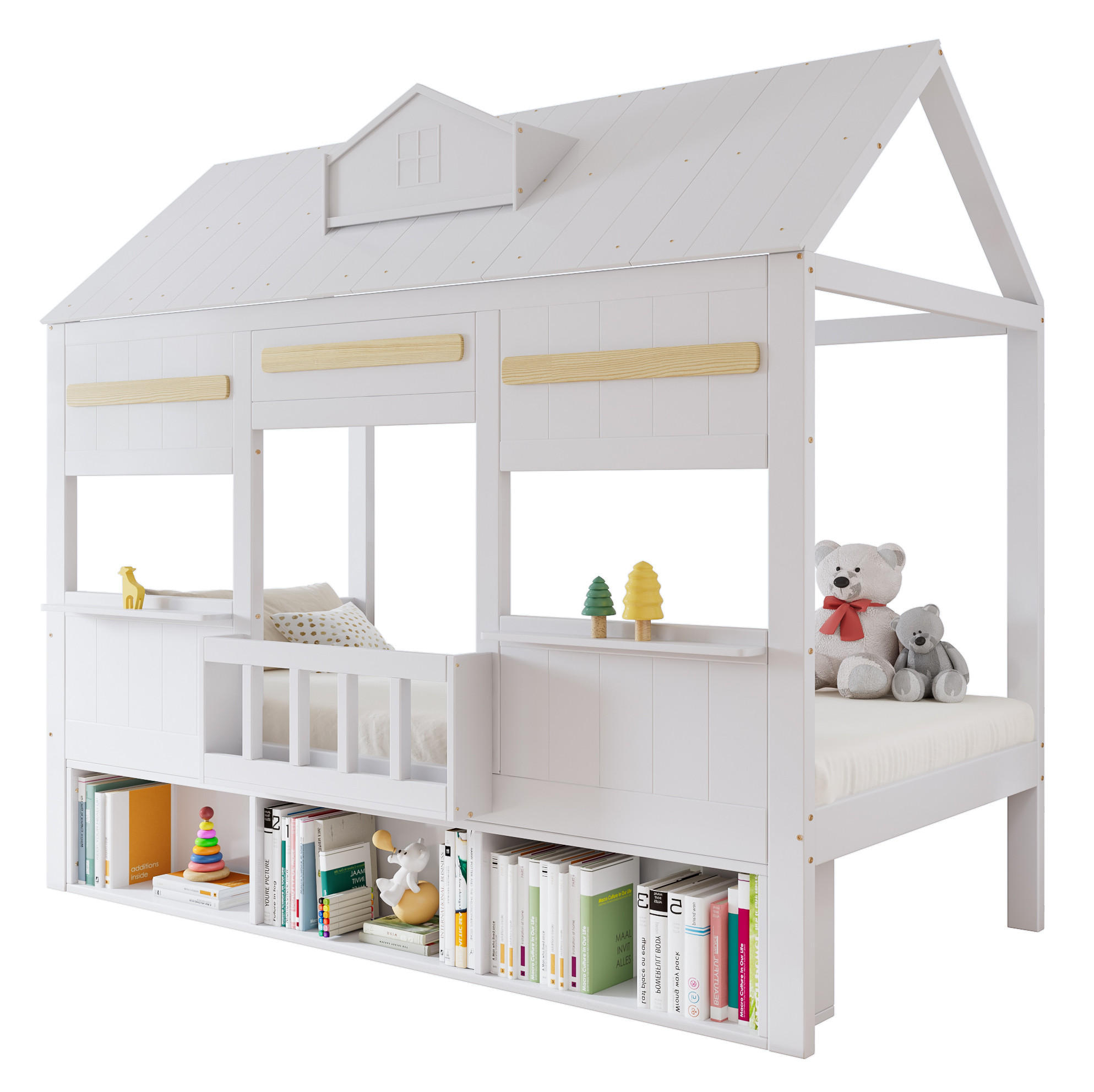 HOCHBETT Hausdesign, Weiß, 90/200 cm mit Bücherregal und Lattenrost ohne Matratze - Weiß, Holz (90/200cm) - MIVRAY