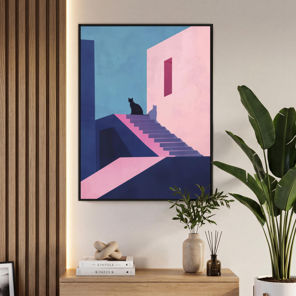 LEINWAND Bilder mit Rahmen - Katze - Treppe - Gebäude - Schattenkontraste - 70x100 - Dunkelblau, Textil (70/100cm) - MuchoWow
