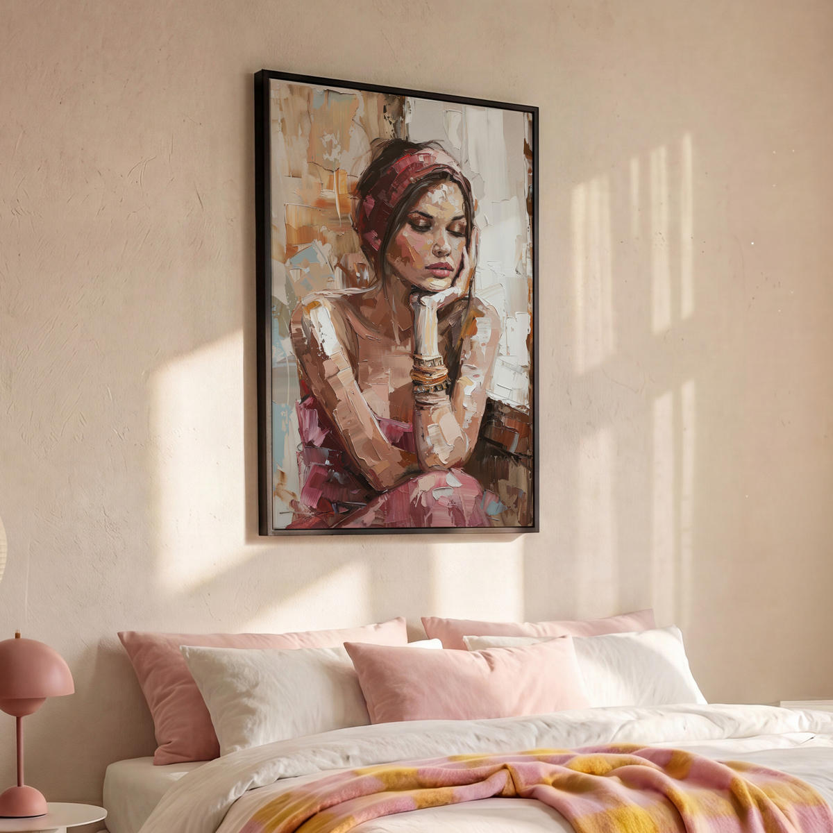 LEINWAND Bilder mit Rahmen - Frau - Lackierung - Porträt - Modern - 90x140 - Altrosa, Textil (90/140cm) - MuchoWow