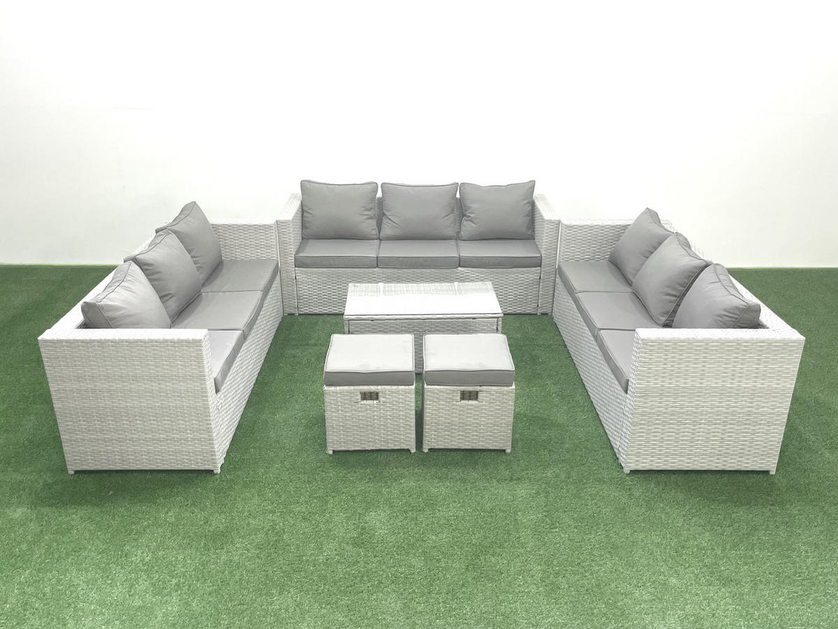 GARTENSET mit 3-SITZER SOFA,COUCHTISCH Polyrattan Hellgrau-Mix 11-Sitzer - Hellgrau/Grau, Glas/Kunststoff - Fimous