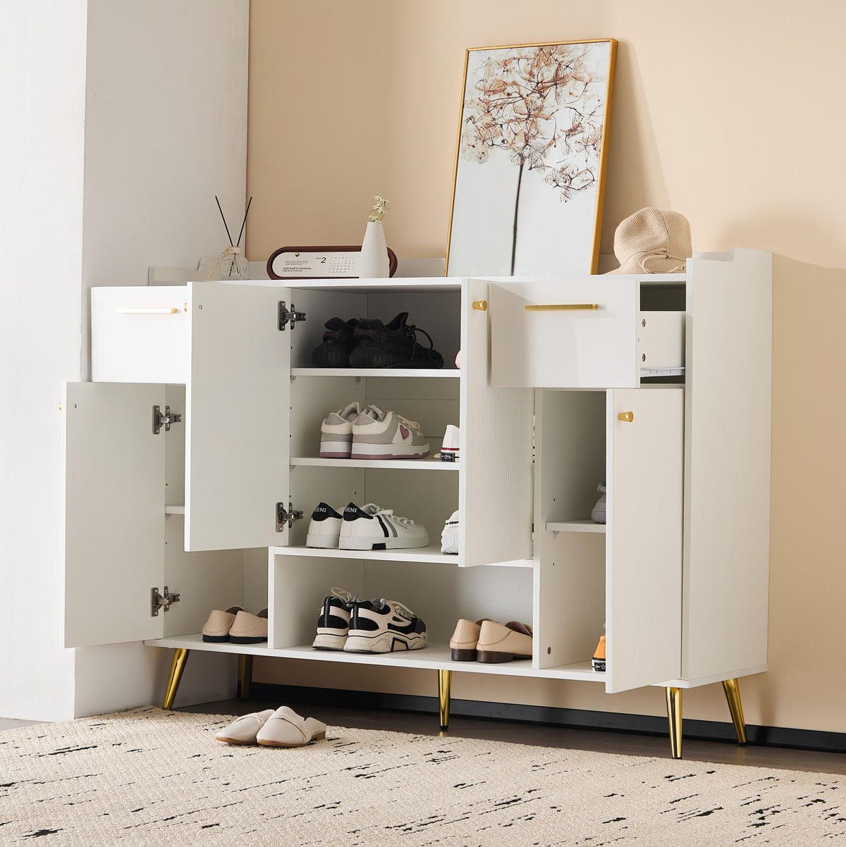 SCHUHSCHRANK mit 2 Schubladen und 4 Türen 130 x 37 x 100 cm Weiß - Weiß, Holzwerkstoff (37/100/130cm) - Beauniv