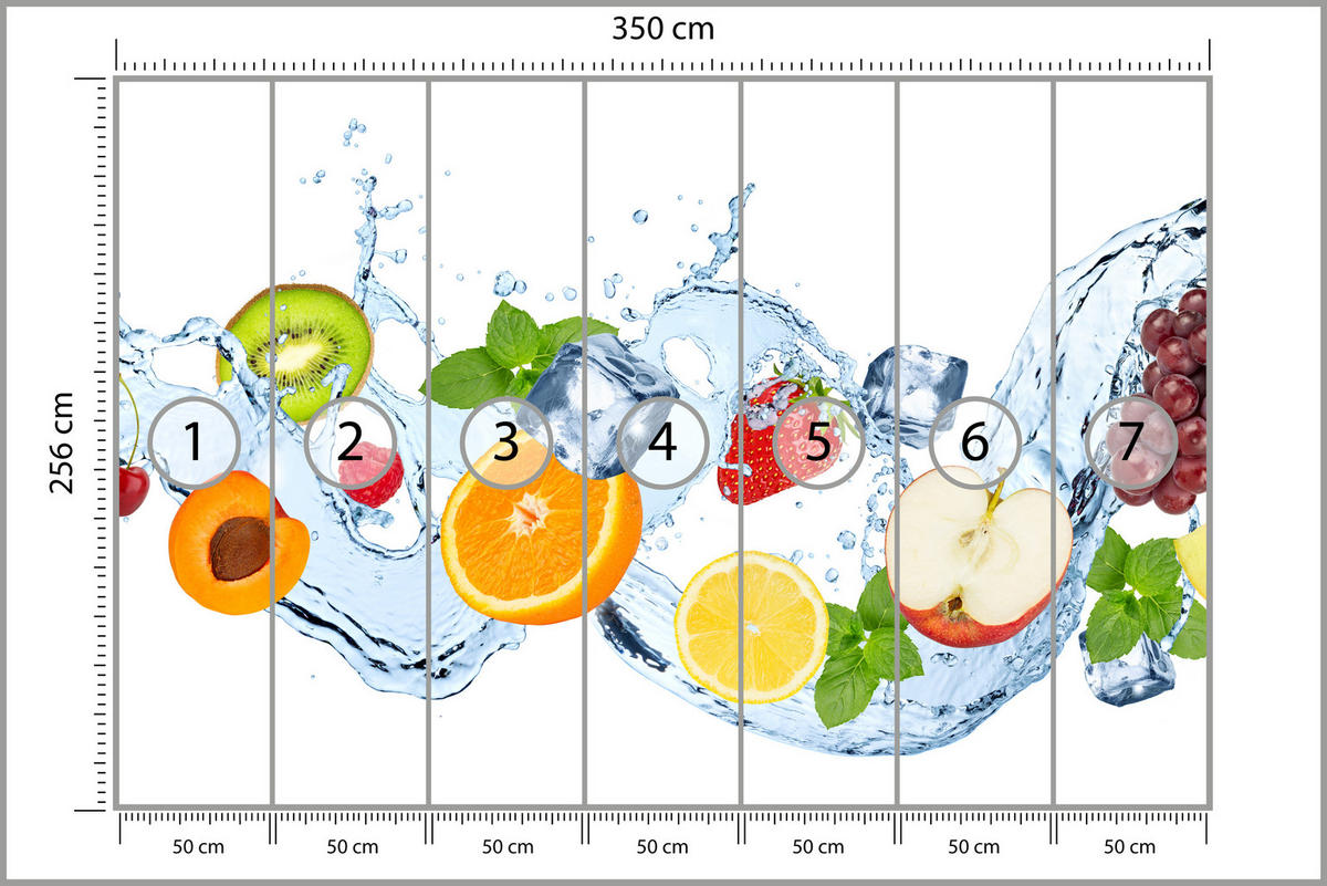 FOTOTAPETE für Küche Erfrischende Früchte Eis Wasser Orange Minze Zitrone Kiwi 350x256 - Gelb/Rot, Papier (350/256cm) - Muralo