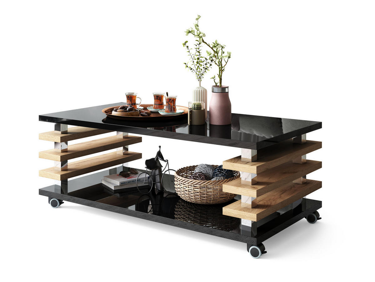COUCHTISCH rechteckig Schwarz Hochglanz - Eiche Gold Ablage Rollen - Schwarz Hochglanz/Eichefarben, Holzwerkstoff (60/120/45cm) - designimpex