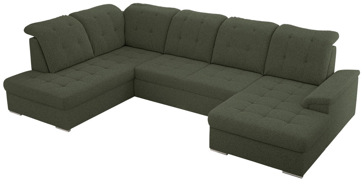 WOHNLANDSCHAFT MADRITO U - Grün Boucle - Links - Silberfarben/Grün, Textil/Metall (204/89/323cm) - MKS