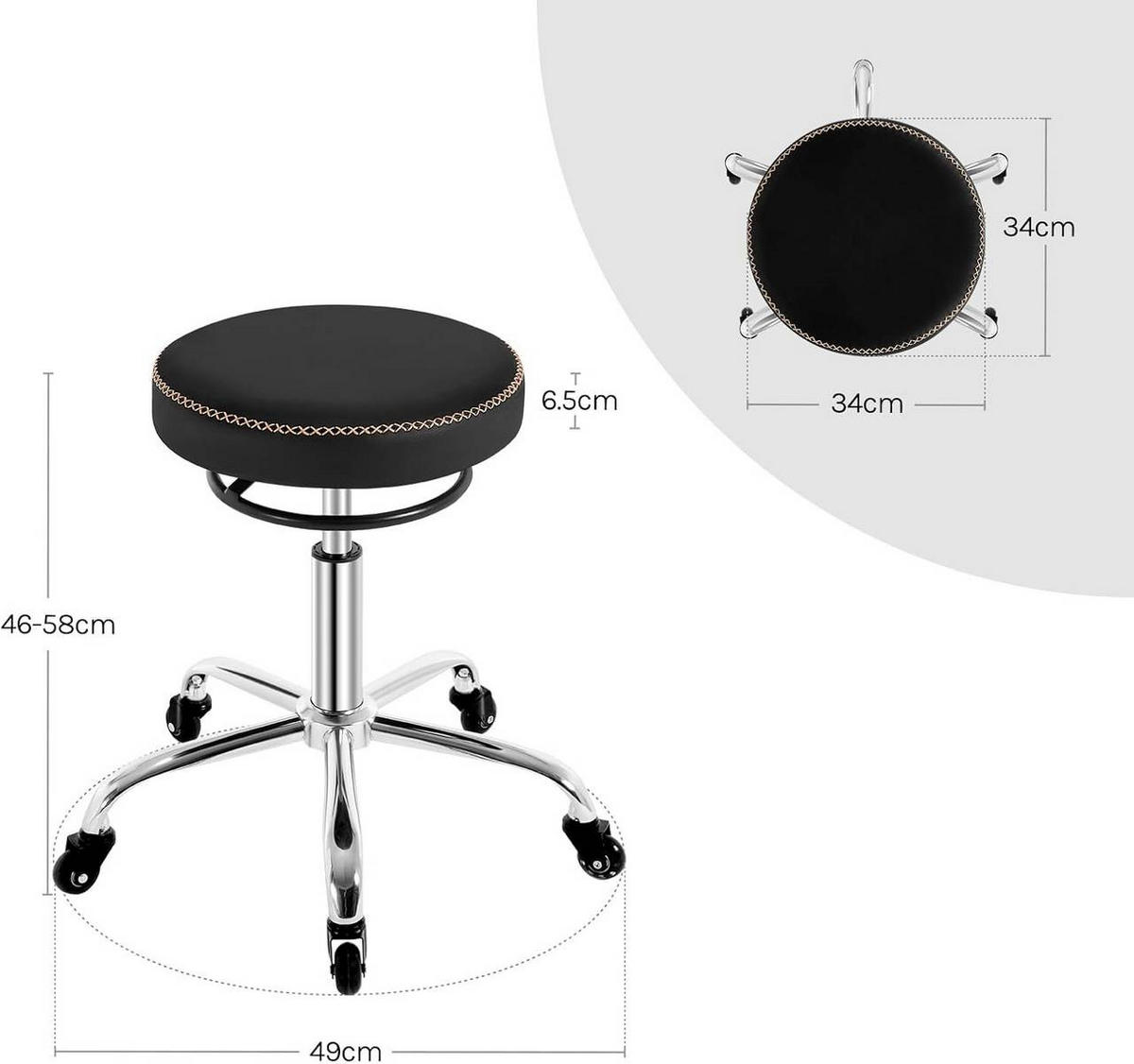 BÜROHOCKER 360° drehbar, rund, Kunstleder, Schwarz - Schwarz, Kunststoff/Textil (49/46/49cm) - Woltu