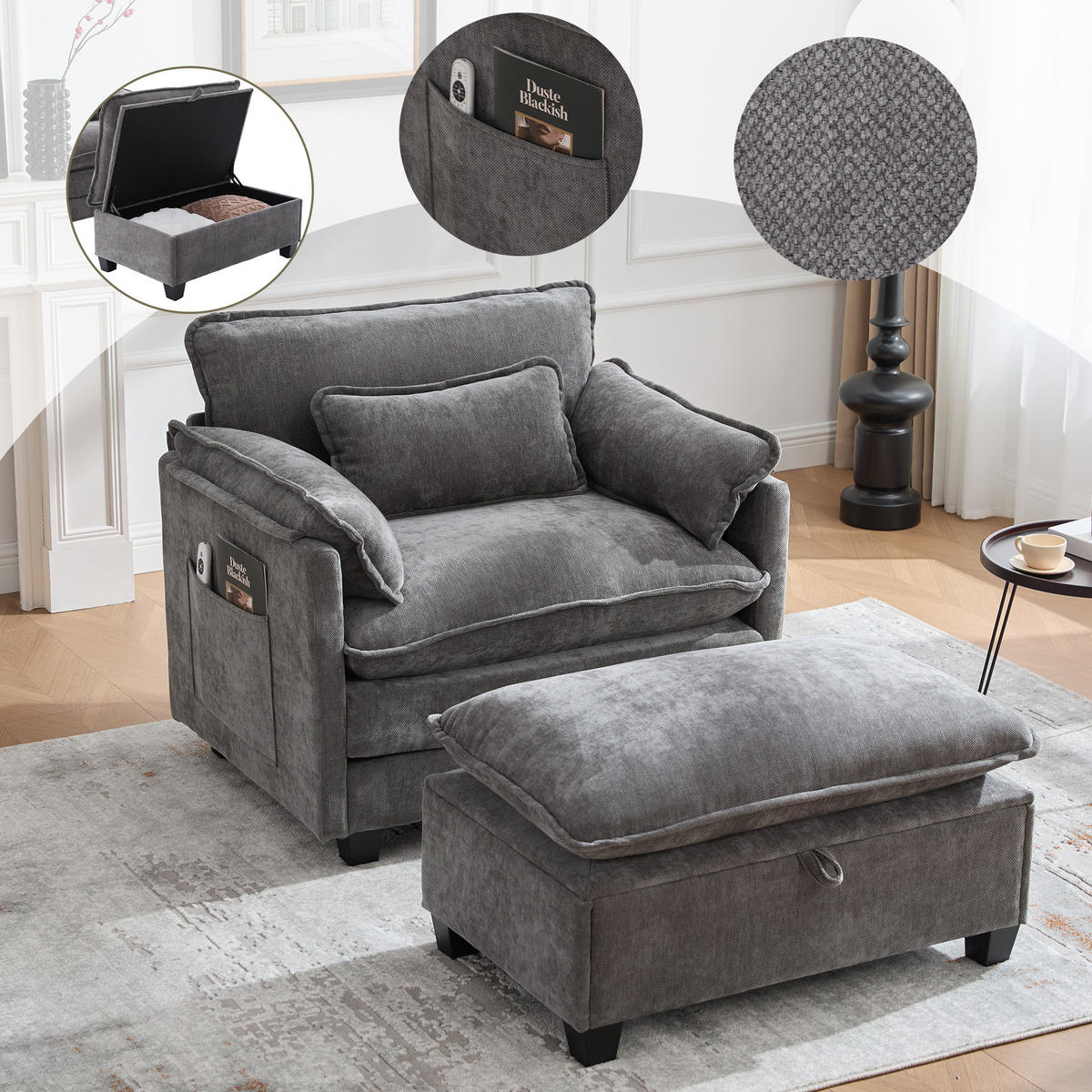 SOFASESSEL mit Hocker und Stauraum in Samt, 103 / 85 / 91 cm - Grau, Textil (85/91/103cm) - PARAFTA HOME