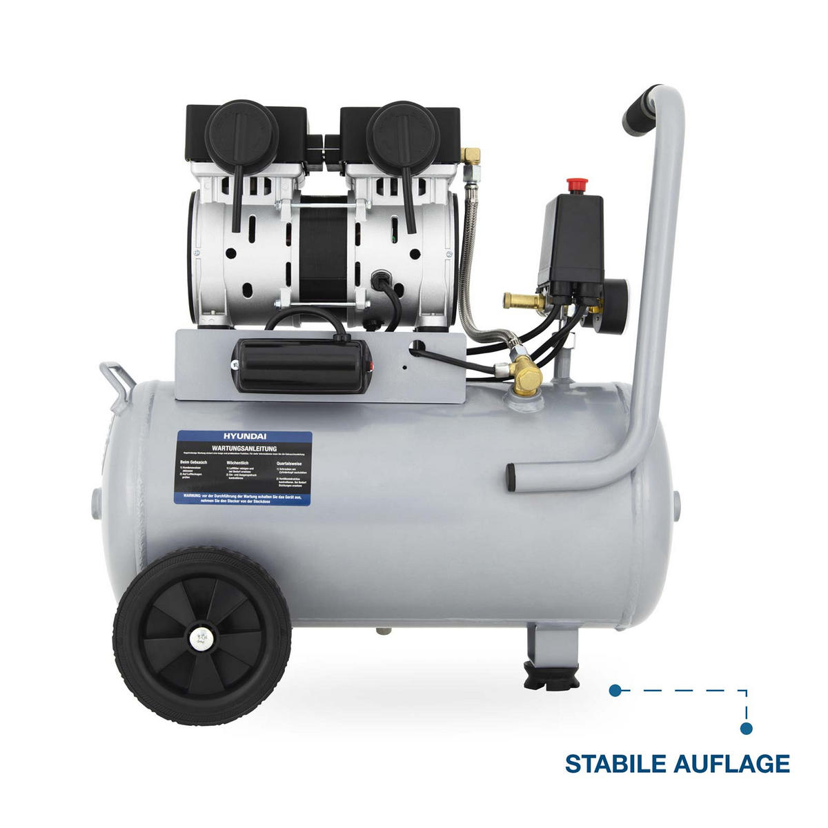 SILENT Kompressor SAC15024 (Druckluftkompressor leise, ölfrei, Flüsterkompressor, 67dB, 24L Kessel, 9bar, 1.5kW, 202L/Min) - Silberfarben, Metall (55/33/56cm) - HYUNDAI