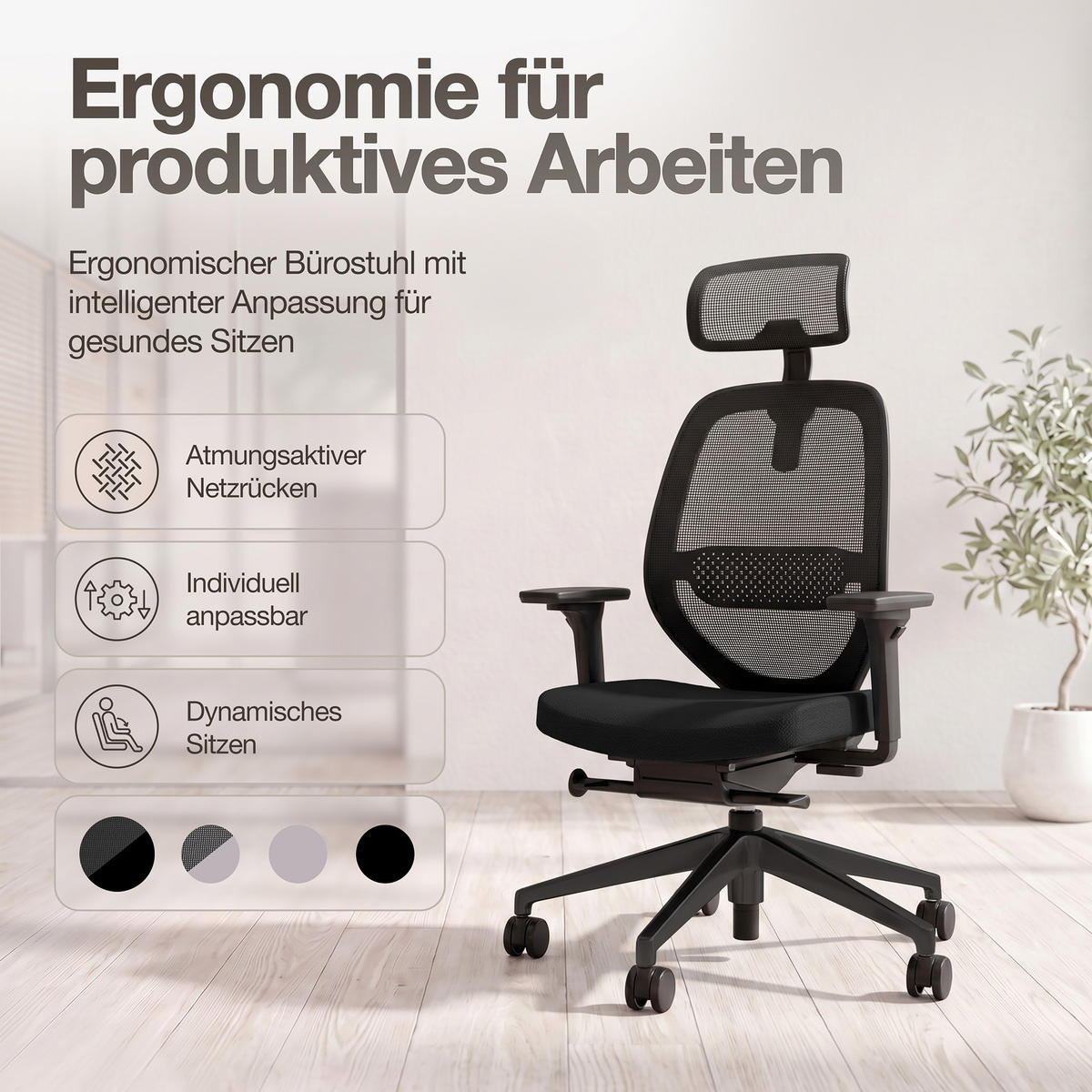 DREHSTUHL Ergonomischer Bürostuhl Atessa mit Netzrücken und Kopfstütze / Mit Kopfstütze Schwarz Netzrücken für Luftzirkulation - Schwarz, Textil (62.5/120.5/45cm) - ASSMANN