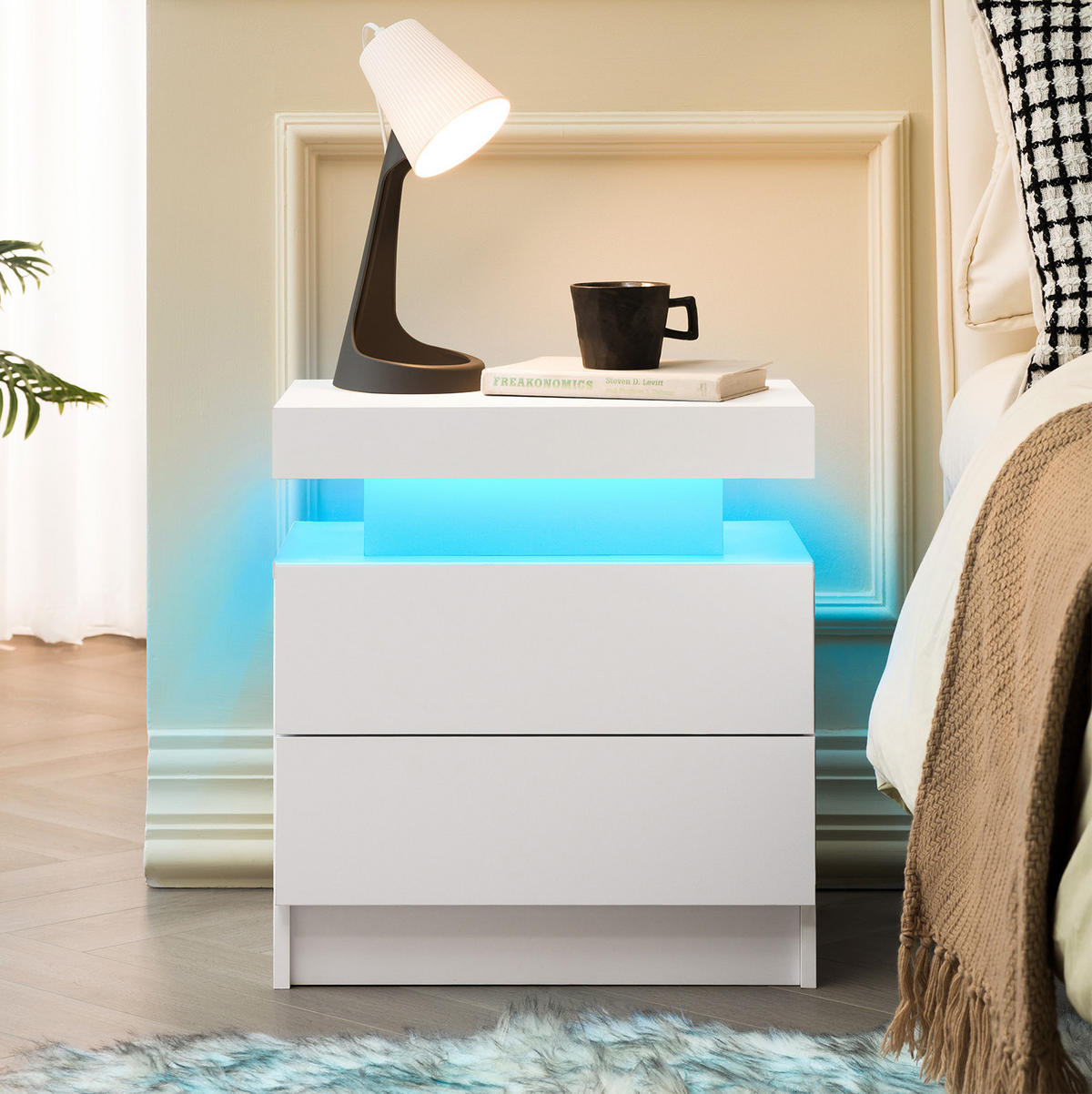 NACHTTISCH 50/53/36 cm mit LED-Beleuchtung in Weiß – mit 2 Schubladen & offenem Fach - Weiß, Holzwerkstoff (53/36/50cm) - BEAOK