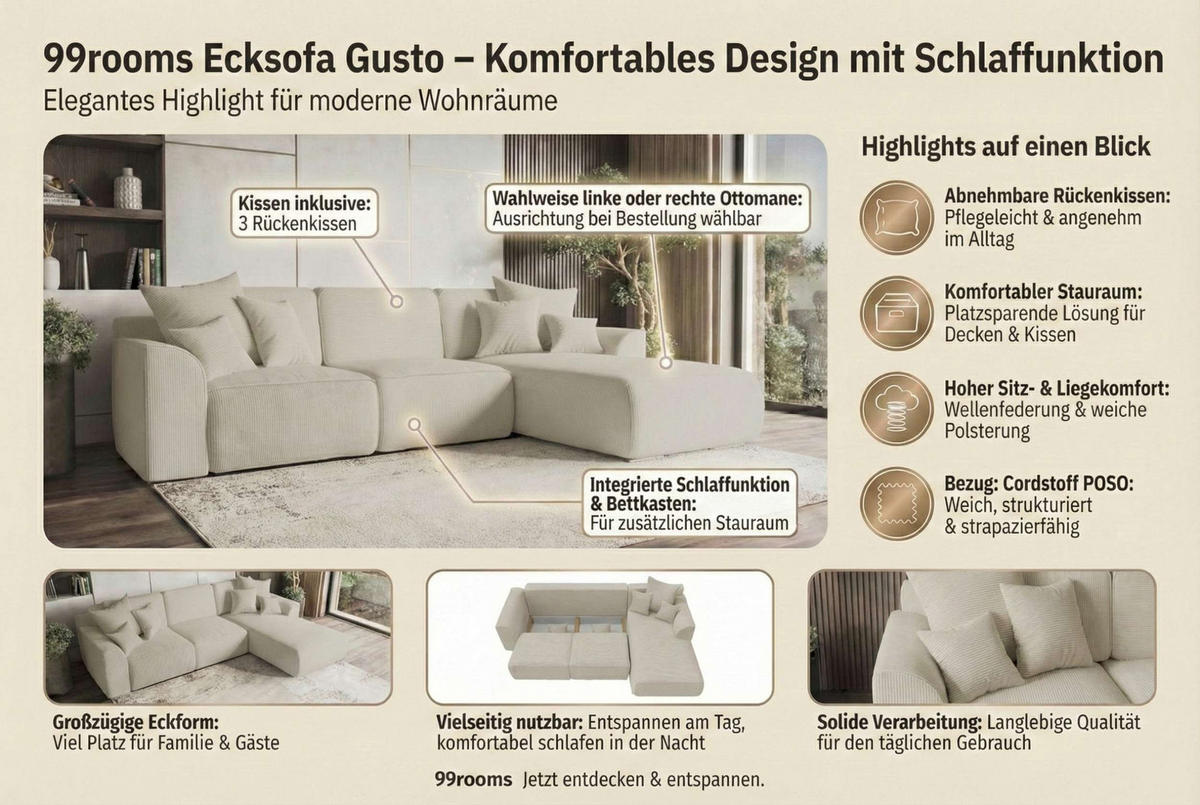 ECKSOFA GUSTO Cordstoff Braun Rechts inkl. Schlaffunktion - Chromfarben/Braun, Kunststoff/Textil (295/194cm) - 99rooms