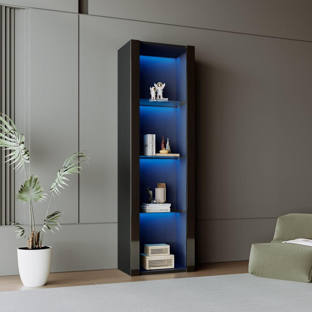 VITRISCHRANK mit LED-Beleuchtung und 3 Glasfächer，Schwarz - Schwarz, Holz (38/166/55cm) - KOMHTOM