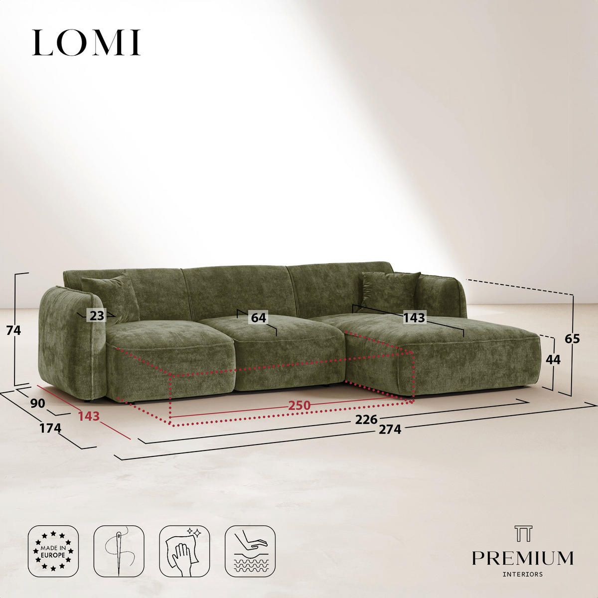 ECKSOFA rechtwinklig LOMI Geprägter Samt Karamell 274cm - Braun, Textil (274/174cm) - Premium Interiors