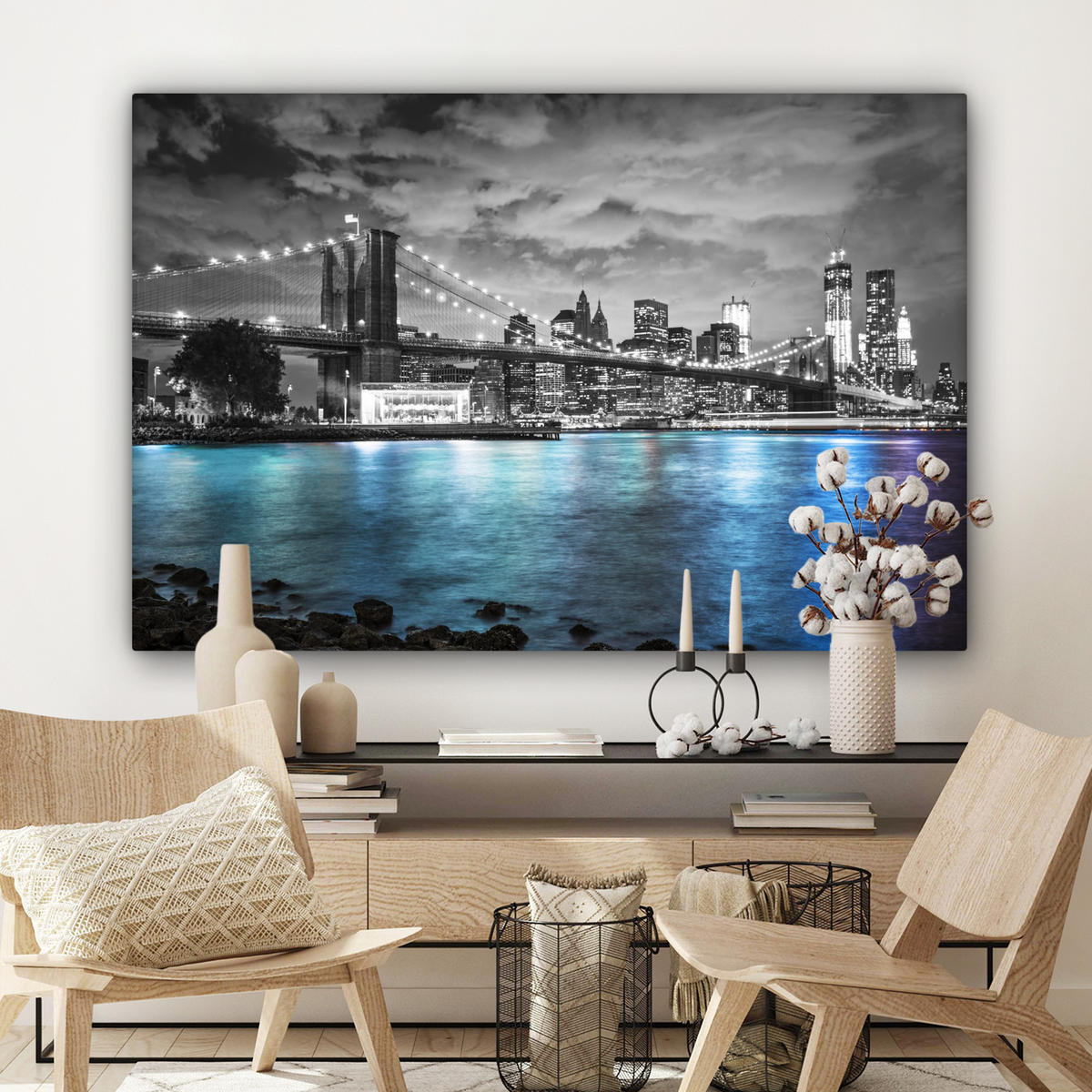LEINWANDBILD New York - Skyline - Stadt - Blau Wohnzimmer Groß 120x80 cm - Blaugrau, Textil (120/80cm) - MuchoWow