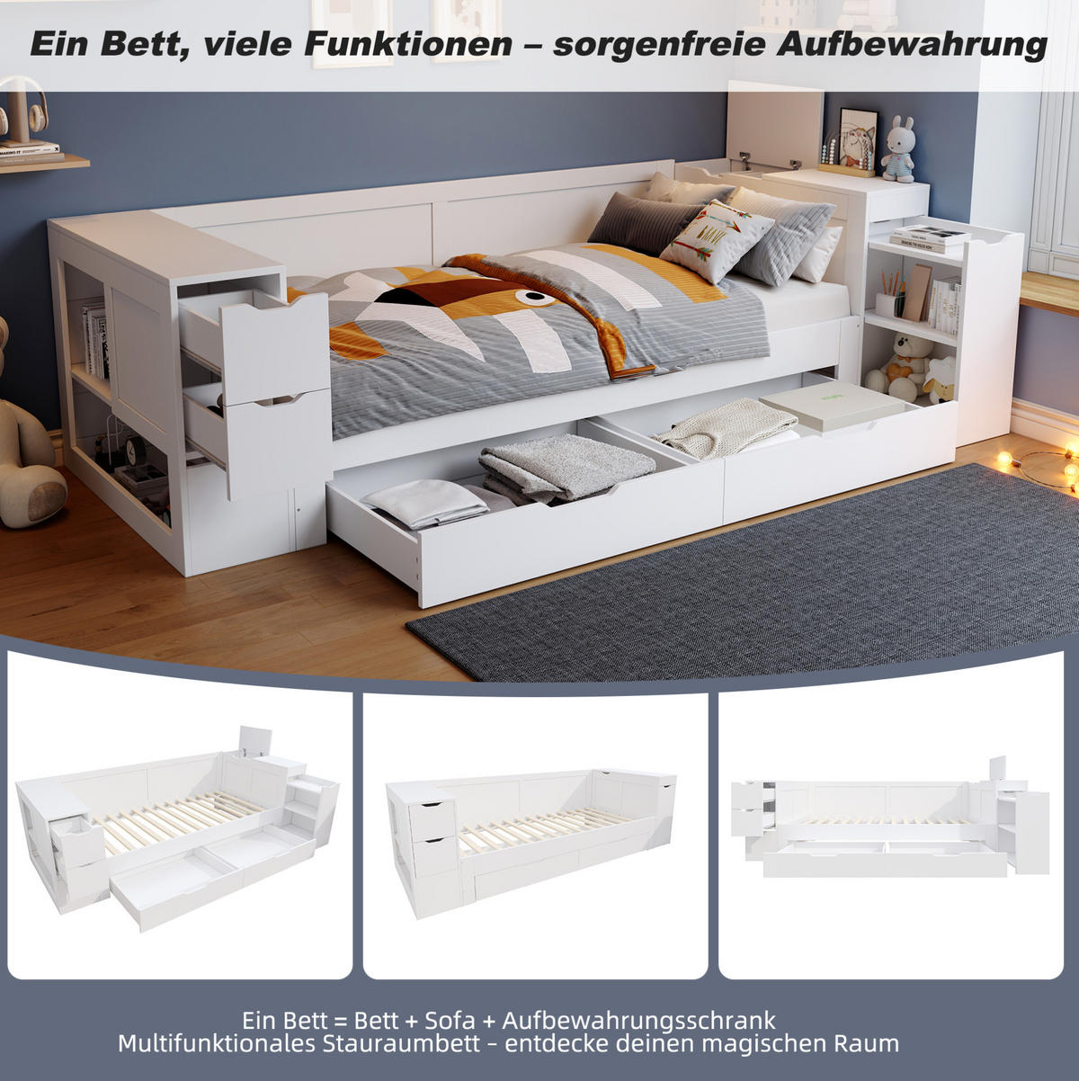 KINDERBETT 90/200 cm aus MDF mit Schublade, Regal und Nachttisch Weiß - Weiß, Holzwerkstoff (90/200cm) - Modenvie