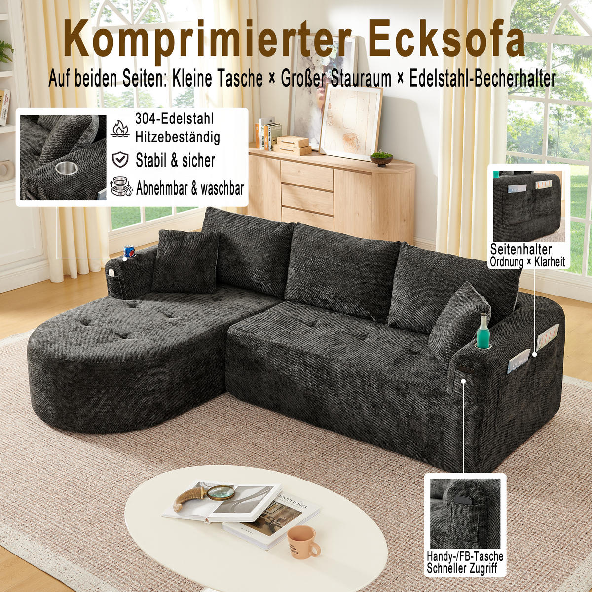 ECKSOFA 255/171/64 cm Schwarz Leinen mit 2 Getränkehalter - Schwarz, Textil (255/171cm) - Oxeza