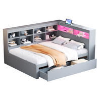 MULTIFUNKTIONSBETT aus Massivholz 140x200 cm Grau mit USB-Steckdose, LED-Beleuchtung und großem Stauraum - Grau, Holz (140/200cm) - Modfu