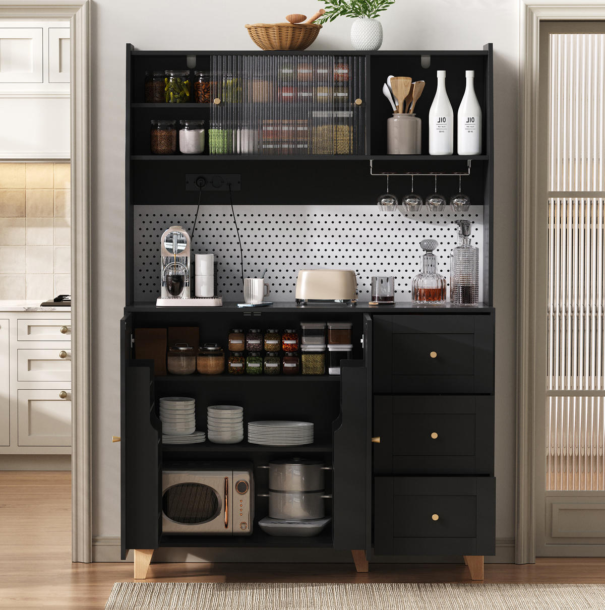 KÜCHENOBERSCHRANK 120/40/184 cm mit Steckdosen, USB, Typ-C, Lochplatte und Glashalter, Schwarz - Schwarz, Holzwerkstoff (120/184/40cm) - Redom