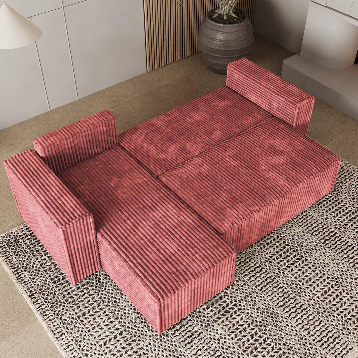 ECKSOFA RAVELO T Rosa Kordstoff mit Schlaffunktion - Rosa, Holz (240/140cm) - MASSENO