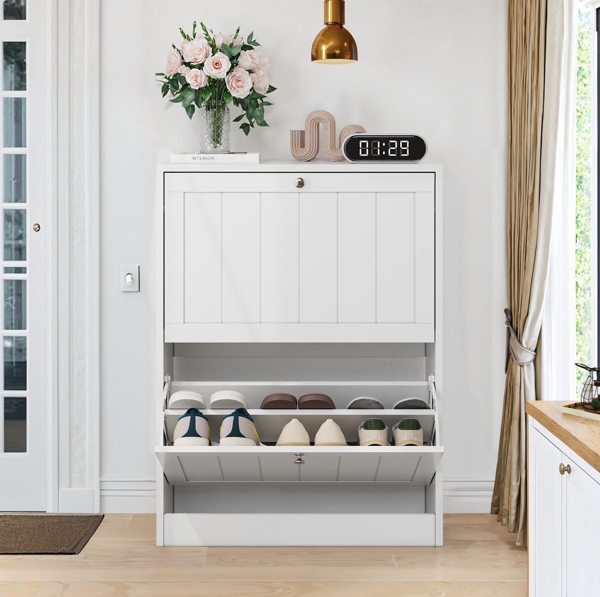 SCHUHSCHRANK mit Klappen in Weiß, schmales Design mit 2 Klappen - Weiß, Holzwerkstoff (60/80/24cm) - BEAOK