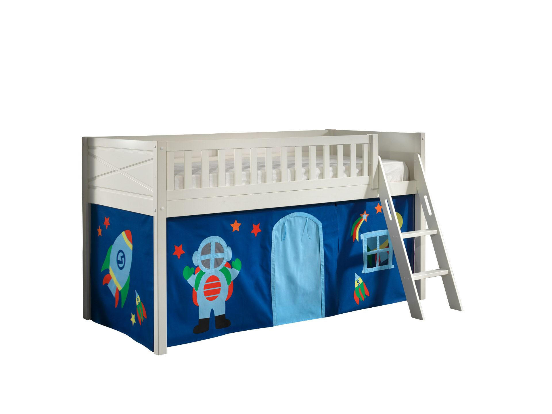 KINDERBETT Karyl 208x114x135 Massivholz Weiß Textilset Astro 1 - Blau/Weiß, Holz (90/200cm) - 58aufmkessel