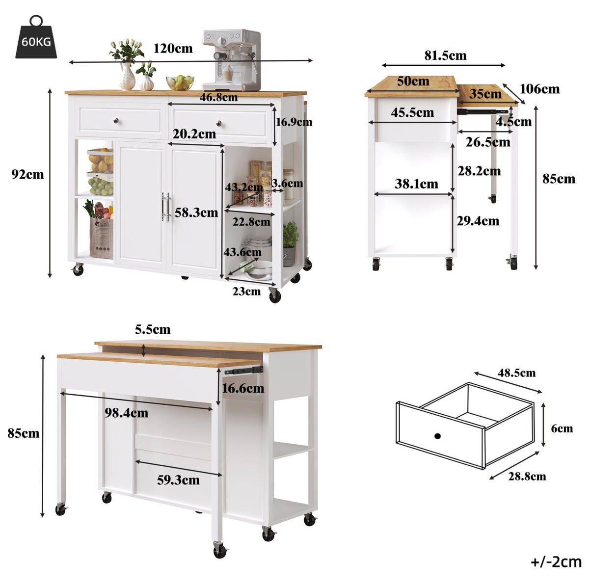 MOBILER Servierwagen 120x81.5x92cm Weiß mit 2 Schubladen & 7 Rollen - Weiß, Holzwerkstoff (120/92/81.5cm) - Modfu