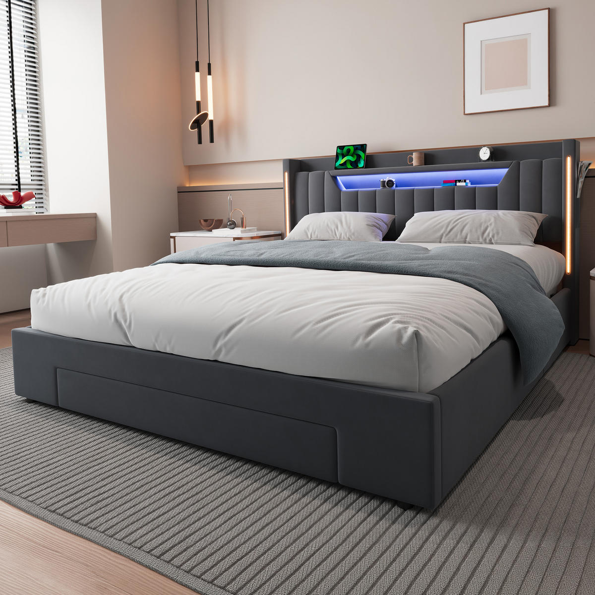 ČALOUNĚNÁ POSTEL 140 × 200 cm s úložným prostorem, zásuvkami a LED, šedá, sametový potah, bez matrace - šedá, kov/kompozitní dřevo (140/200cm) - STILVORA