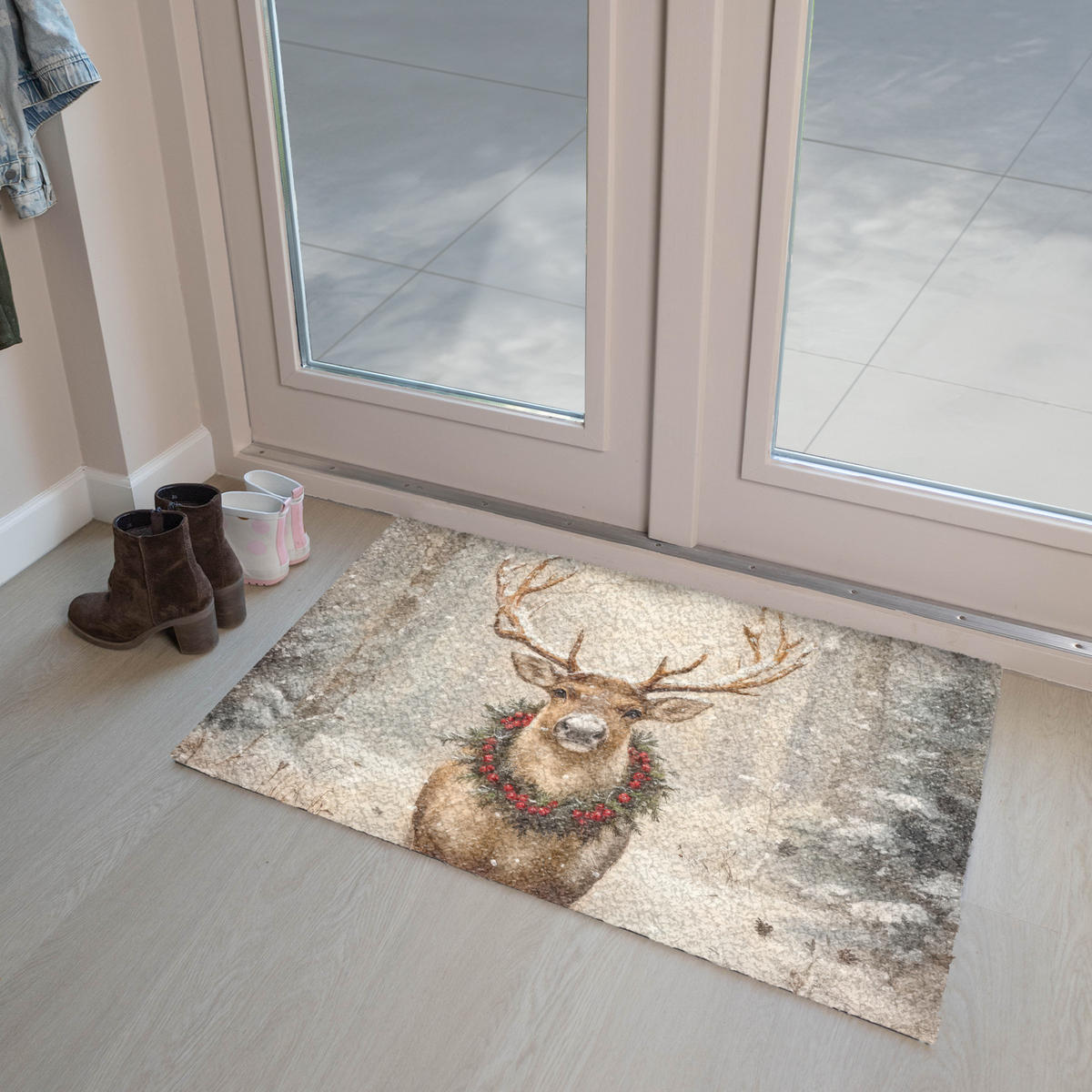 FUSSMATTE Weihnachten - Rentier - Winter - Kranz 90x60 cm - Braun, Kunststoff (90/0.4cm) - MuchoWow