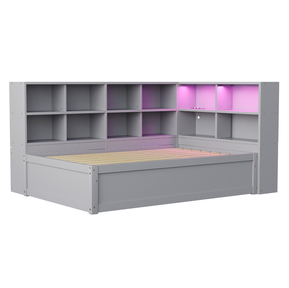 MULTIFUNKČNÍ postel z borovicového dřeva 90x200 cm šedá s LED osvětlením, zásuvkou a úložným prostorem - šedá, kompozitní dřevo (140/190cm) - Modfu