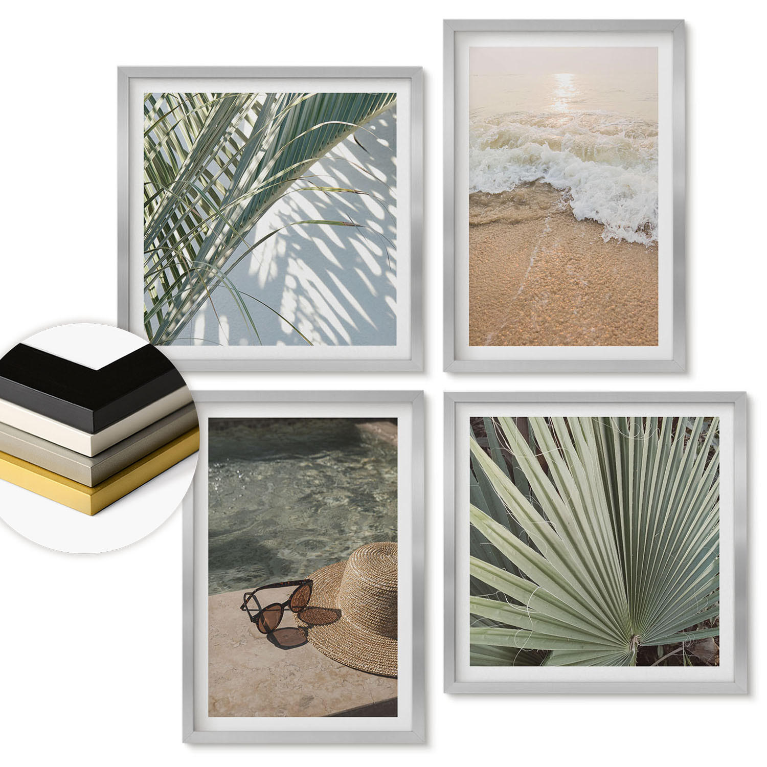 WANDBILDER 4er Set - 50x50 cm & 40x60 cm Silberner Rahmen - Strandhut und Sonnenbrille - Silberfarben, Kunststoff (50/50cm) - ArtPrintCave