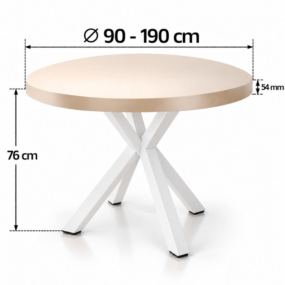 ESSTISCH rund ausziehbar 90/190/76 cm, Kaschmir, 54 cm Tischplatte + X Metallbeine weiß - Kaschmir/Weiß, Holzwerkstoff/Metall (90/190/76cm) - Damale Möbel
