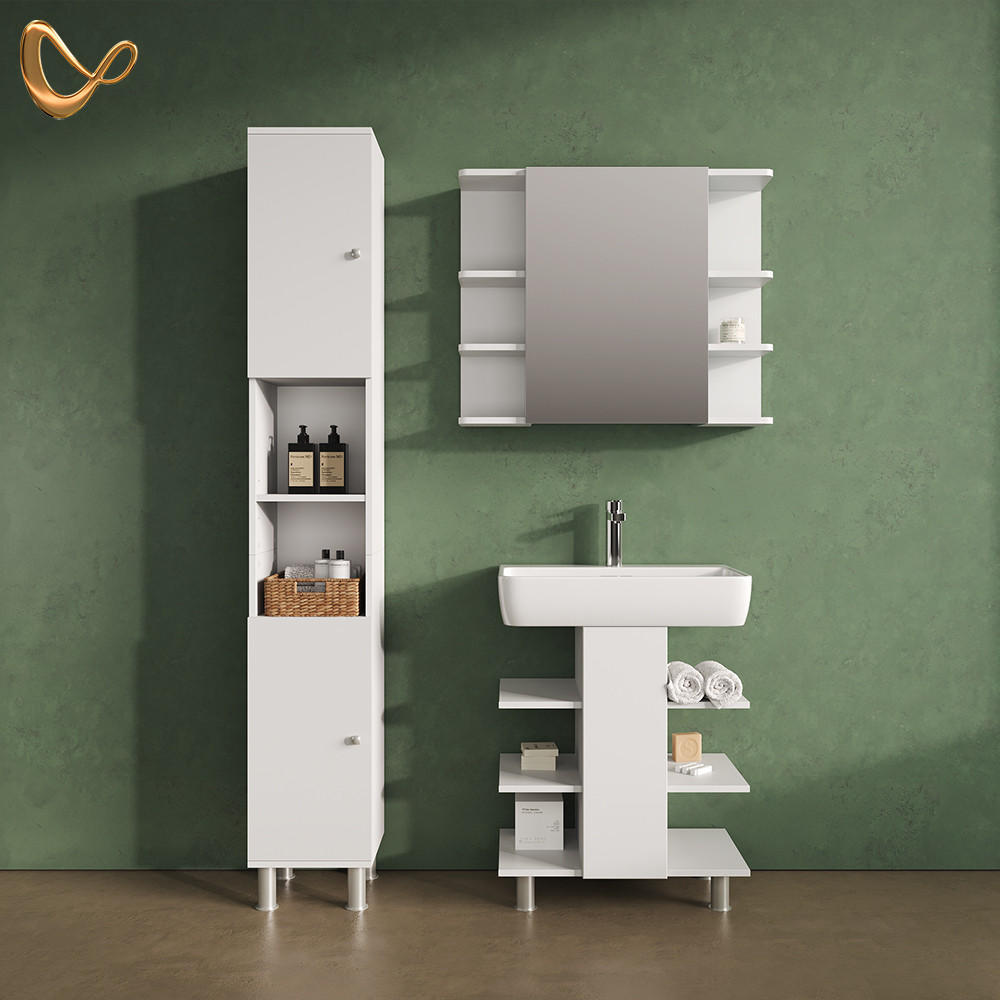 BADMÖBEL-SET Fucino Weiß 3 Teile, mit Hochschrank - Weiß, Holzwerkstoff (79.6/190/36.6cm) - Livinity®
