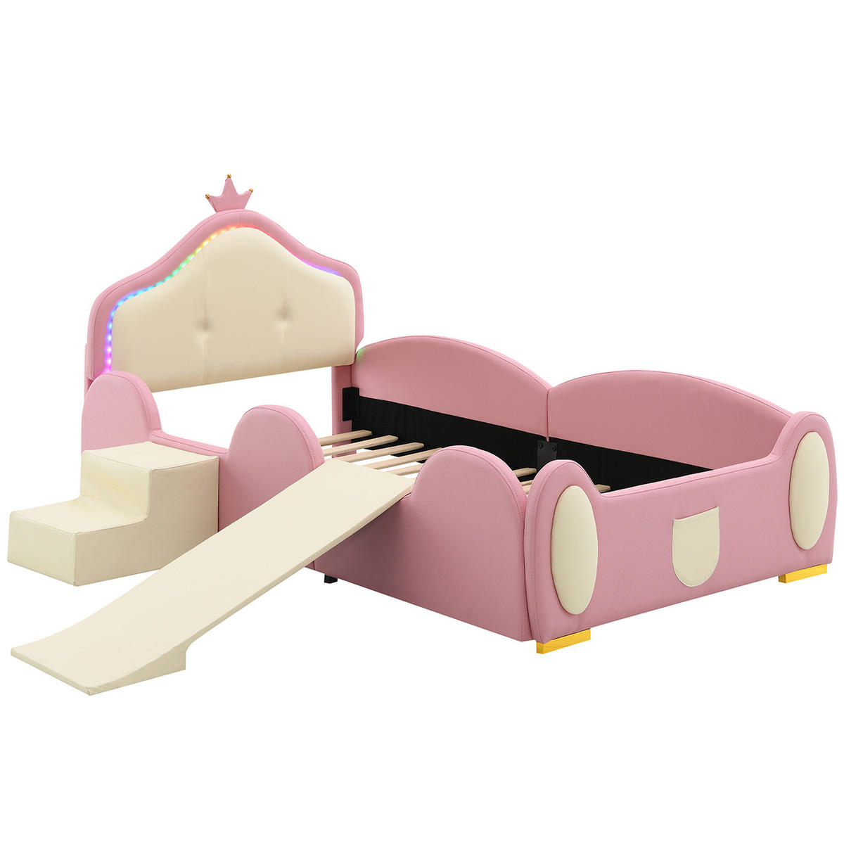 KINDERBETT 90/200 cm mit Rutsche, Treppe und LED – Polsterbett in Rosa/Beige - Rosa, Kunststoff (90/200cm) - BEAOK