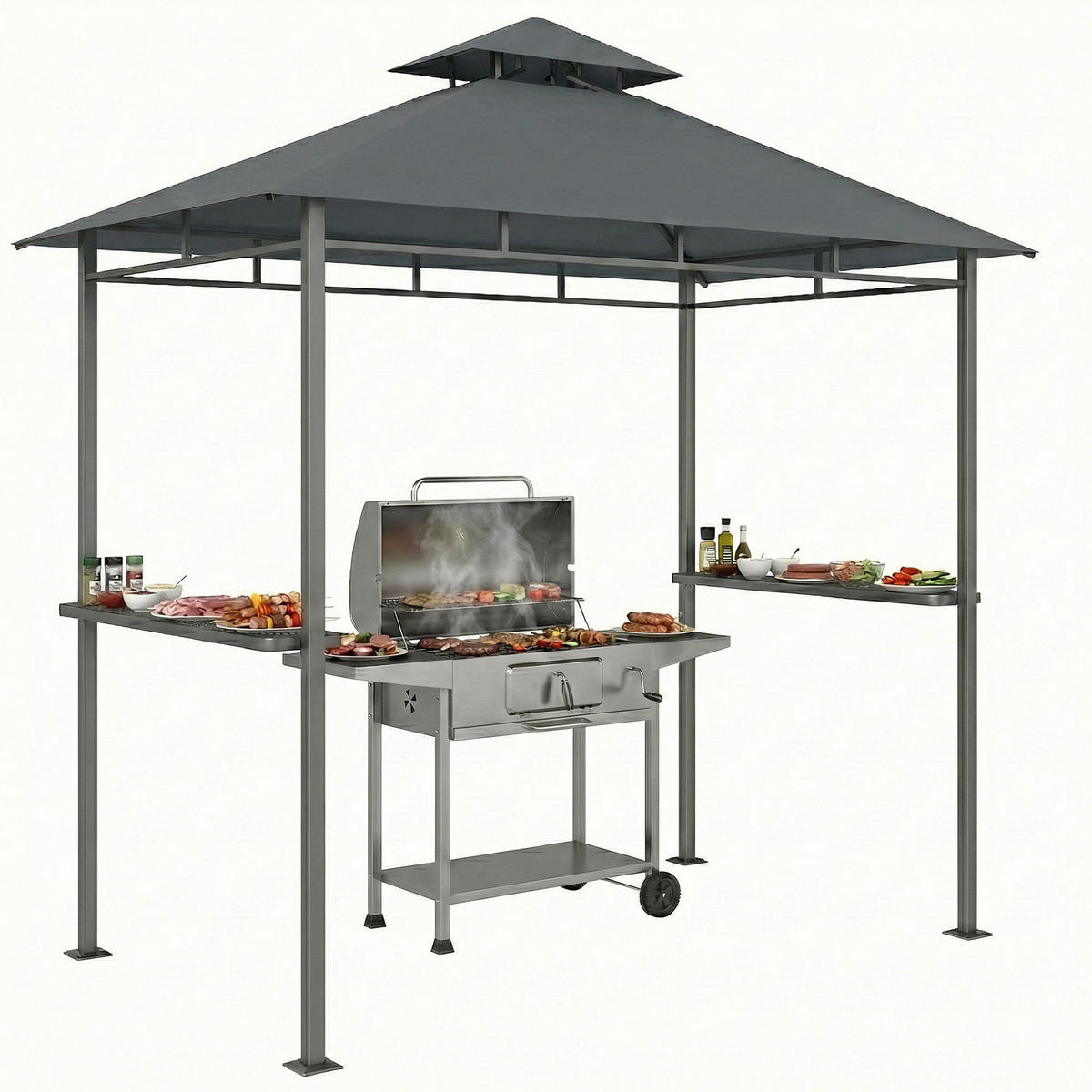 GRILLPAVILLON 2,4 x 1,4 m, Windfest Grillüberdachung mit Doppeldach Lüftungsöffnung Seitenregalen - Dunkelgrau, Textil (245/255/146cm)
