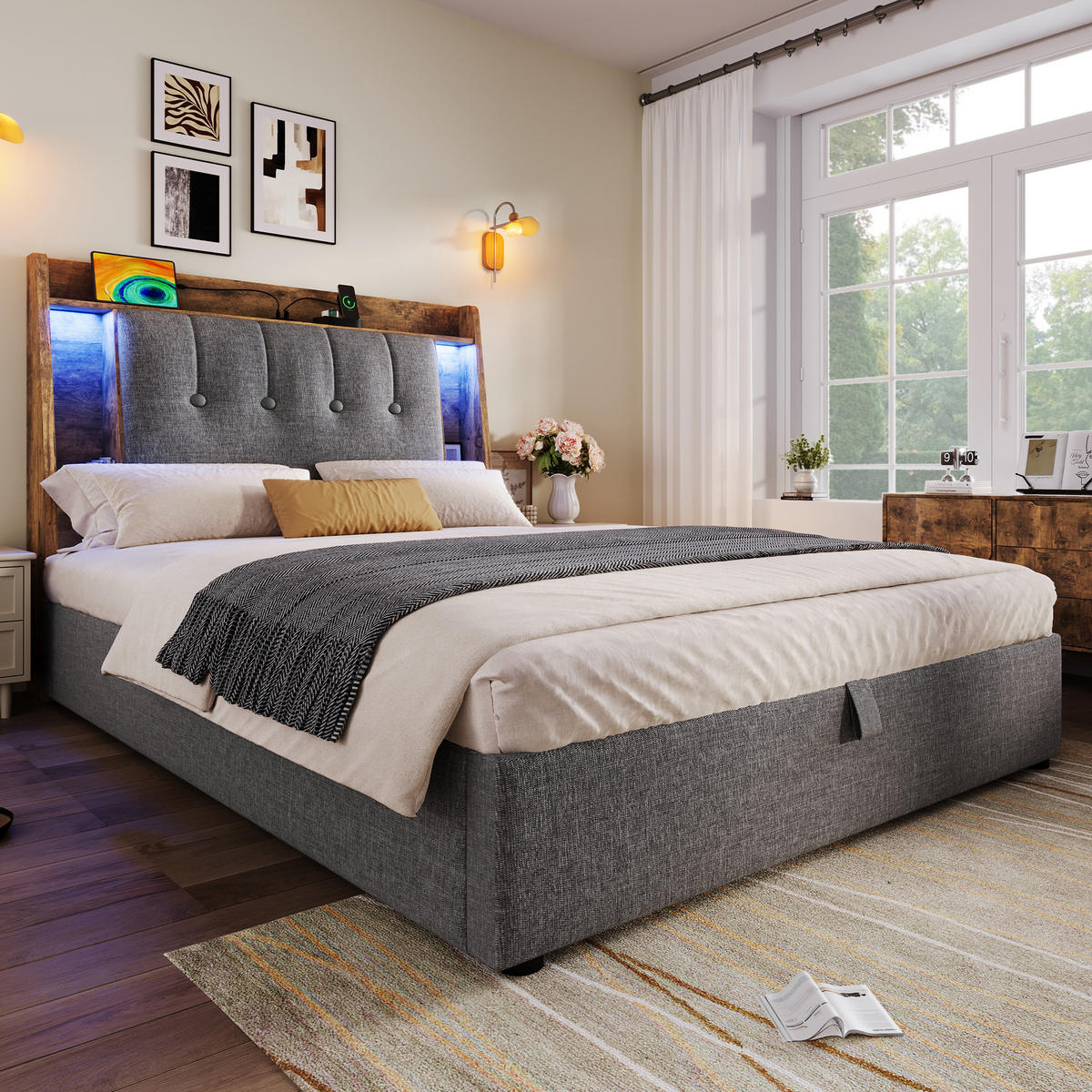 POLSTERBETT 90/200 cm Grau mit USB- und Type-C-Anschlüssen und LED-Beleuchtung - Grau, Textil (90/200cm) - OKWISH