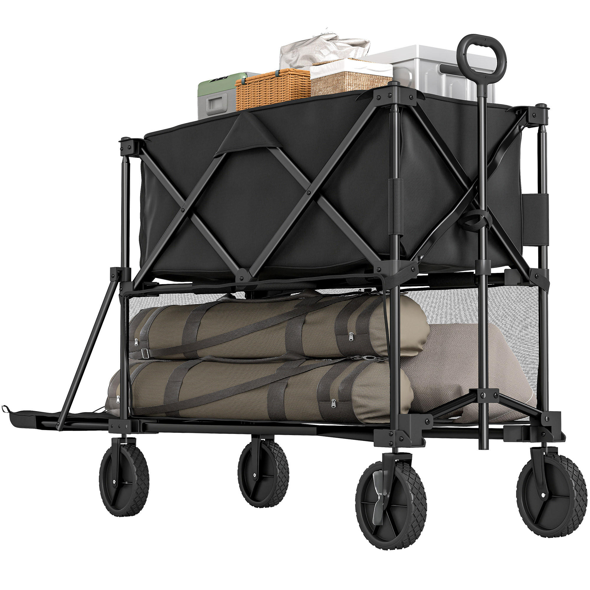 GARTENWAGEN DE-18767 2-stöckig, 350L & All-Terrain-Räder Schwarz - Schwarz, Metall (50/102/142cm) - ComfortXL